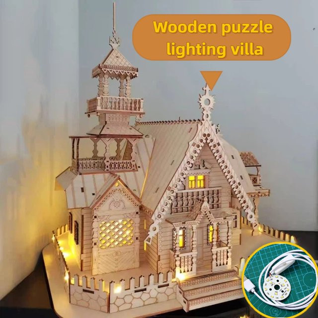 3D Stereo Holz Licht Villa Schloss Puzzle, Holz, Fantasy - Bild 1