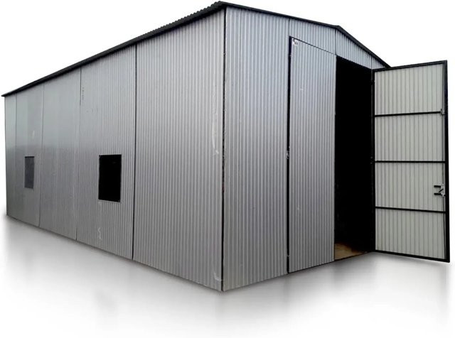 Liderstal Halle Standard Doppelflügeltor aus Aluminium mit Satteldach und zwei Plexiglasfenstern, Farbe: Silber/Grau, B: 600 cm, H: 1000 cm - Bild 1