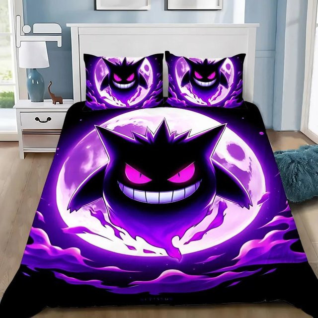 Bettwäscheset Binchi Fitness mit Cartoon Böse Gengars Motiv, 3-teilig aus Mikrofaser, Farbe: Lila, B x H: 228 x 228 cm - Bild 1