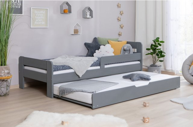 TiCAA Kinderbett Bennet aus Kiefer Massivholz mit Zusatzbett, Rausfallschutz und Lattenrost, Farbe Grau, B/T/H: 90 x 200 cm - Bild 1