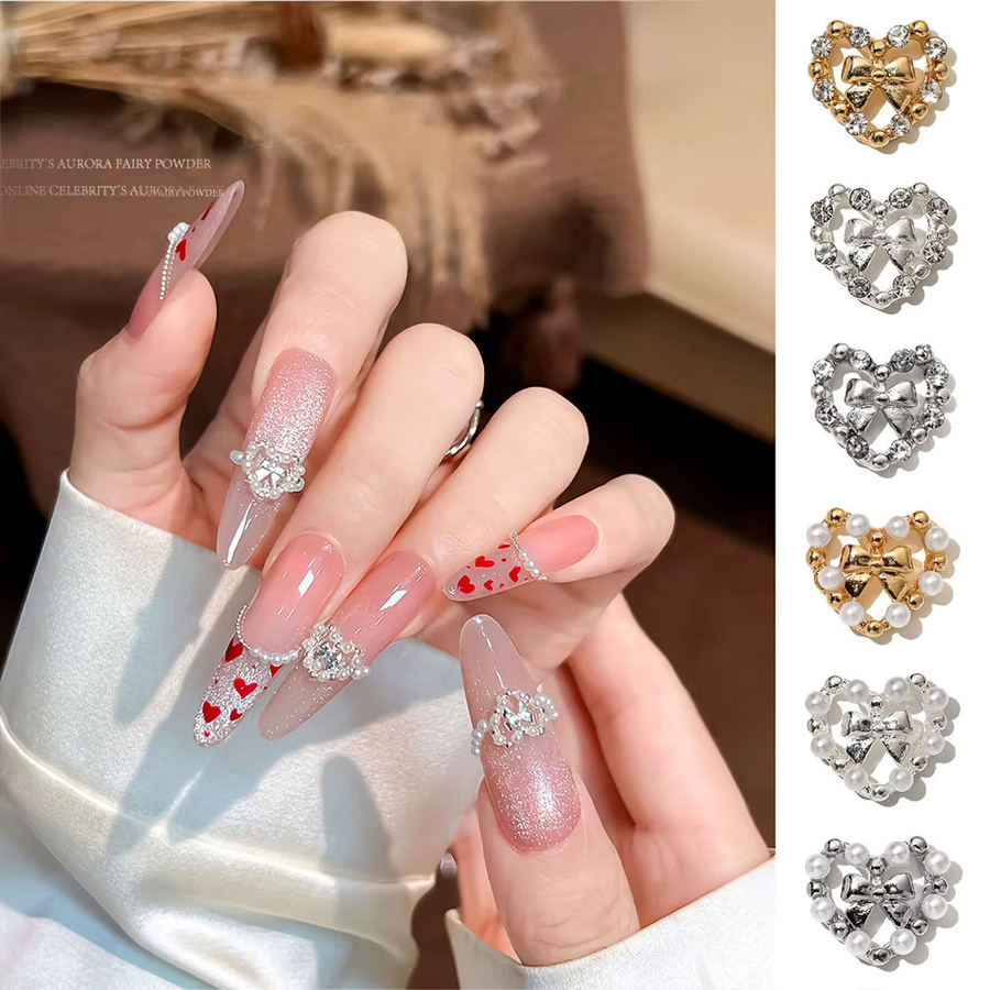 MAFANAILS Nagelanhänger Herz-Schleifen mit Perlen und Strass, 6 Stück, Glänzend - Bild 2