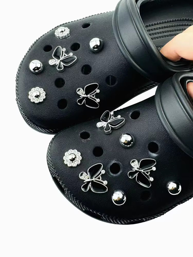 FHLDING Schuh-Charm-Set, 13-teilig, schwarzer Schmetterling, Diamant, Blume, silberne Perlen - Bild 7