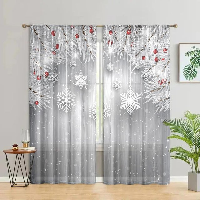 2er-Set Vorhang mit Kiefernzweig- und Schneeflocken-Motiv in Silber und Weiß, halbtransparent, B: 150 cm, H: 166 cm - Bild 1