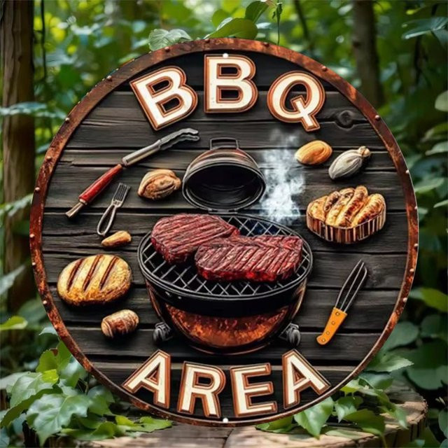 HELLOYOUNG Rundes Metallschild im Retro-Design mit Grillmotiv für Outdoor-Dekoration, Durchmesser: 20 cm, Mehrfarbig - Bild 1
