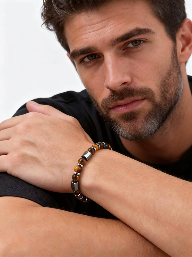 mprainbow Herrenarmband Edelstahl, Tigerauge-Stein, Silber - Bild 2