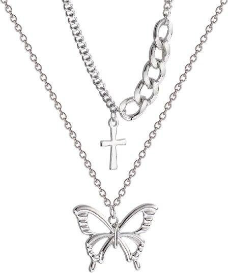 Doppellagige Kreuz-Schmetterlingskette, Weiß, Silber, Damen - Bild 1