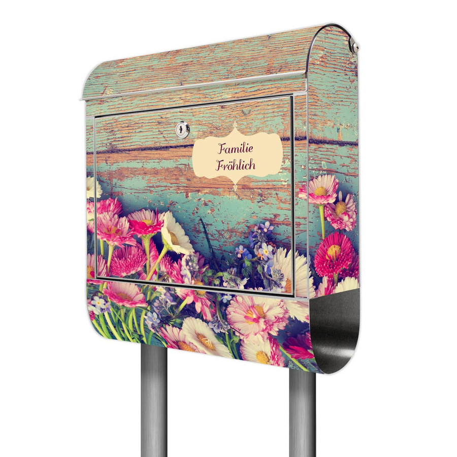 banjado Standbriefkasten aus Edelstahl mit Zeitungsfach und Blumenpfücken Motiv in Silber, B/T/H: 38 x 14 x 161,5 cm - Bild 1