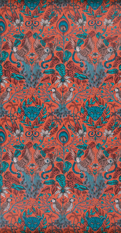 Clarke & Clarke Tapete Amazon Red in Rot mit floralem Art Nouveau Design und botanischen Tiermotiven aus Vlies - Bild 1