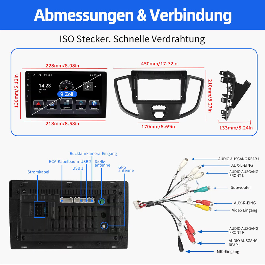 ESSGOO Android 14 Autoradio für Ford Transit 2015-2019 mit 9 Zoll Display, GPS, Wireless CarPlay, Android Auto, Bluetooth und WiFi, Schwarz - Bild 4