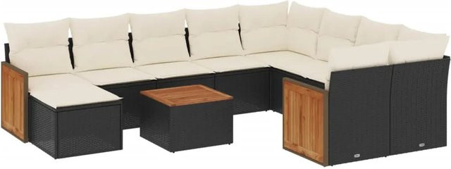vidaXL 11-teilige Garten-Sofagarnitur aus Poly-Rattan und Akazienholz in Schwarz-Creme mit Kissen - Bild 1