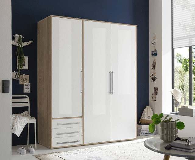 Kleiderschrank Lyss von POCO in Eiche Sonoma Nachbildung und Weiß mit Türen und Schubladen, B/H/T: 155 x 194 x 58 cm - Bild 1