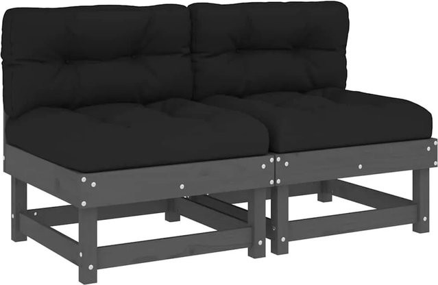 vidaXL Set aus 2 Mittelsofas mit Kissen in Grau aus massivem Kiefernholz im Latten-Design mit rustikaler Optik - Bild 1