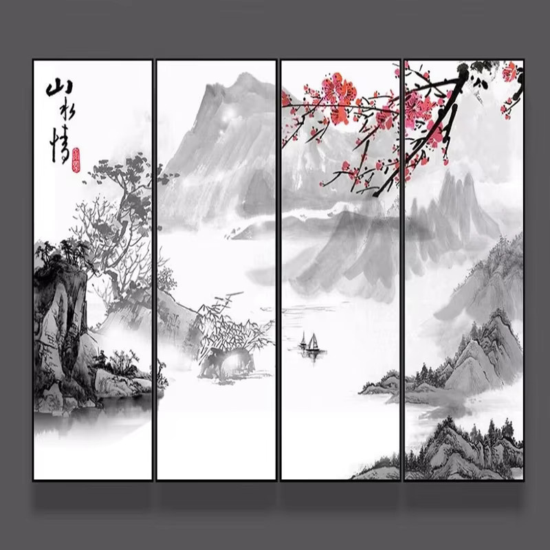 Personalisierbare Wandtapete im chinesischen Stil mit Landschafts-Tintenmalerei und Strohtextur in Mehrfarbig für Wohnzimmer, Schlafzimmer oder Arbeitszimmer - Bild 3