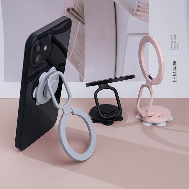 WSSHE Silikon-Handyhalterung mit Saugnapf und 360 Grad rotierendem magnetischem Fingerring in Grau, zusammenklappbare universelle Smartphone-Halterung - Bild 1