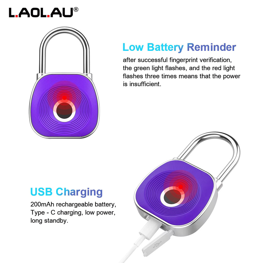 Biometrisches Smart-Vorhängeschloss von L.AOL.AU in Schwarz oder Lila, wasserdichtes digitales USB-Gepäckschloss mit Fingerabdruck-Sensor - Bild 3