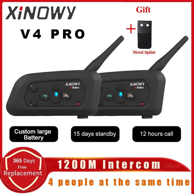 Xinowy v4 Pro Motorrad Helm Headset Bluetooth Intercom Kopfhörer in Schwarz mit 800-1200 Meter Reichweite für 4 Personen - Bild 1