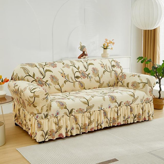 Elastischer Sofabezug für 1-Sitzer mit floralem Druck, beige, rutschfest und waschbar - Bild 1