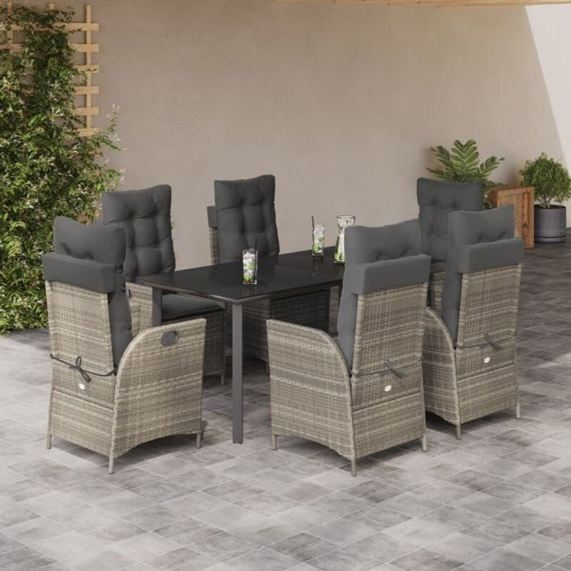 7-teilige moderne Garten-Essgruppe aus Poly-Rattan mit Kissen in Hellgrau von vidaxl - Bild 1