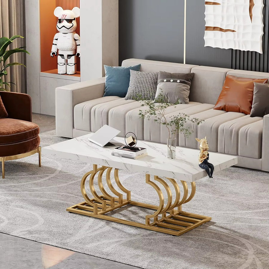 LITTLE TREE Couchtisch aus weißem Kunstmarmor mit geometrischem Rahmen, rechteckiger Mitteltisch in Glamour-Optik - Bild 2
