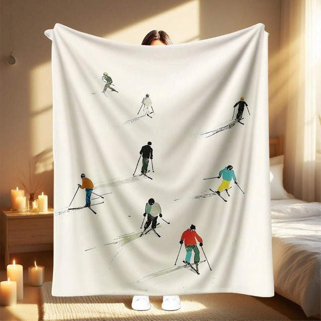 JMG Household Supplies Skisportler Wurfdecke aus Fleece in Weiß, weiche Tagesdecke für Sofa, Camping und Reisen, B/T: 70 x 100 cm - Bild 1