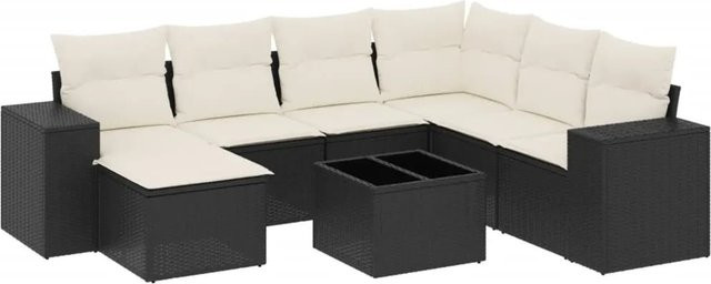 vidaXL 8-teilige Garten-Sofagarnitur in L-Form aus Poly-Rattan mit Kissen in Schwarz-Creme - Bild 1
