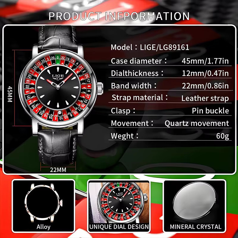 LIGE Armbanduhr, Quarz, Leder, Schwarz, Roségold, Herren - Bild 2