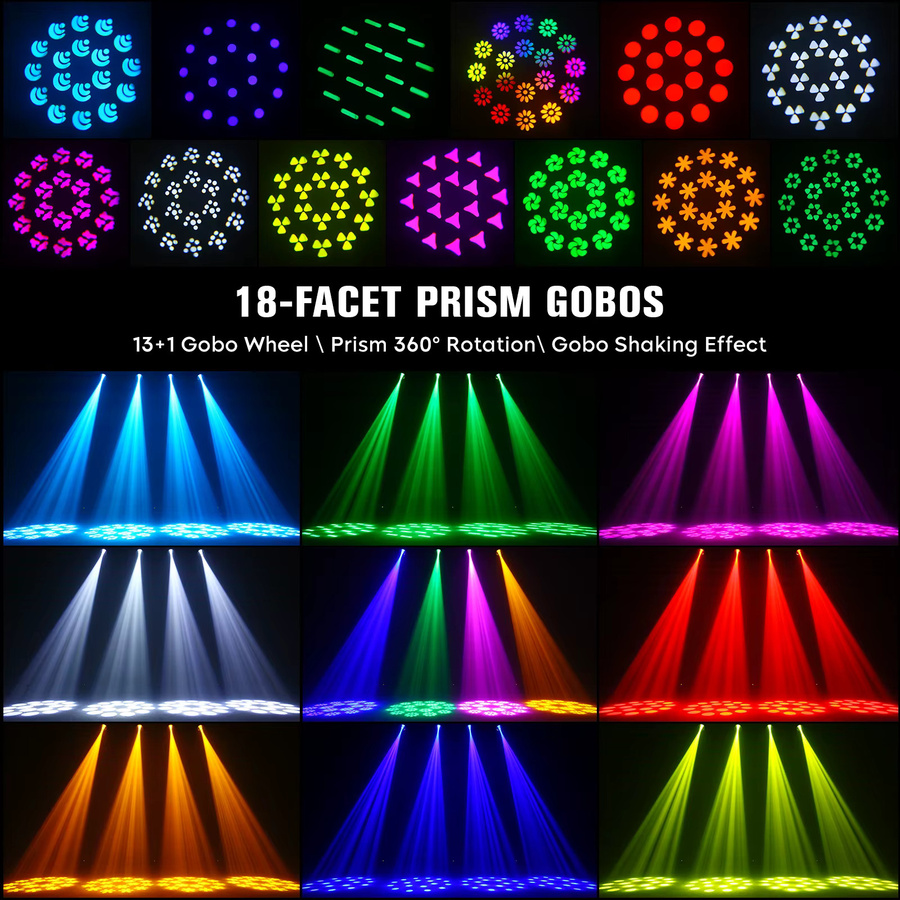 U'King Beam Moving Head LED Bühnenlicht mit 150 W, 18 Prismen, 14 Gobos und Zoom, RGB Regenbogeneffekt, Schwarz/Multicolor, DMX512 für DJ, Disco und Show - Bild 2