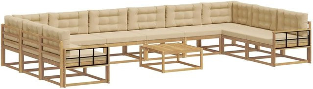 vidaXL Outdoor-Sofagarnitur in U-Form aus Akazienholz mit 11 Kissen in Weiß und Beige - Bild 1