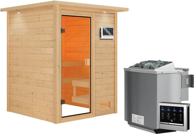 Karibu Massivholzsauna Sandra aus Fichte in Braun und Bronze mit 9 kW BioKombiofen, Steuergerät und LED-Dachkranz - Bild 1