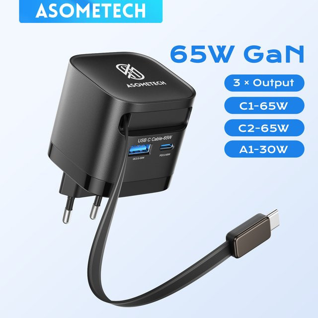 ASOMETECH 65W GaN USB-C Schnellladegerät mit EU-Stecker in Schwarz - Bild 1