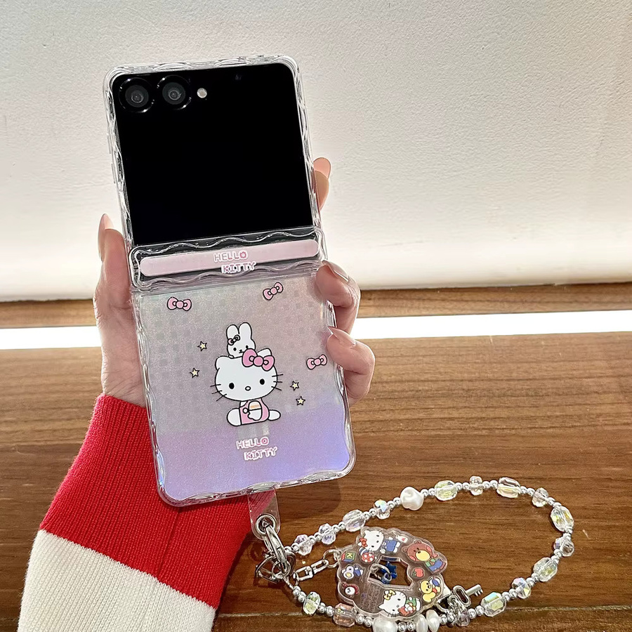 Sanrio Hello Kitty Handyhülle für Samsung Galaxy Z Flip 7 mit gewelltem Rand und Trageband, Multicolor - Bild 3