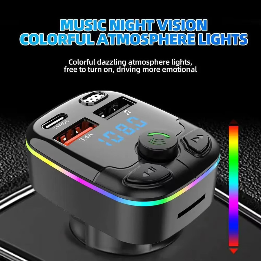 Kankeirr Bluetooth FM Sender mit PD und Dual USB 3.1A Schnellladegerät, MP3-Modulator mit buntem Umgebungslicht, Schwarz/Multicolor - Bild 4