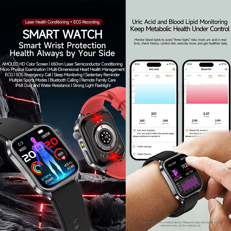 Yaocx Smartwatch mit 650nm Lasertherapie zur Blutdruckmessung, Harnsäure- und Lipid-Diagnose sowie Herzfrequenzmessung für Männer und Frauen, Schwarz, iOS-kompatibel - Bild 2