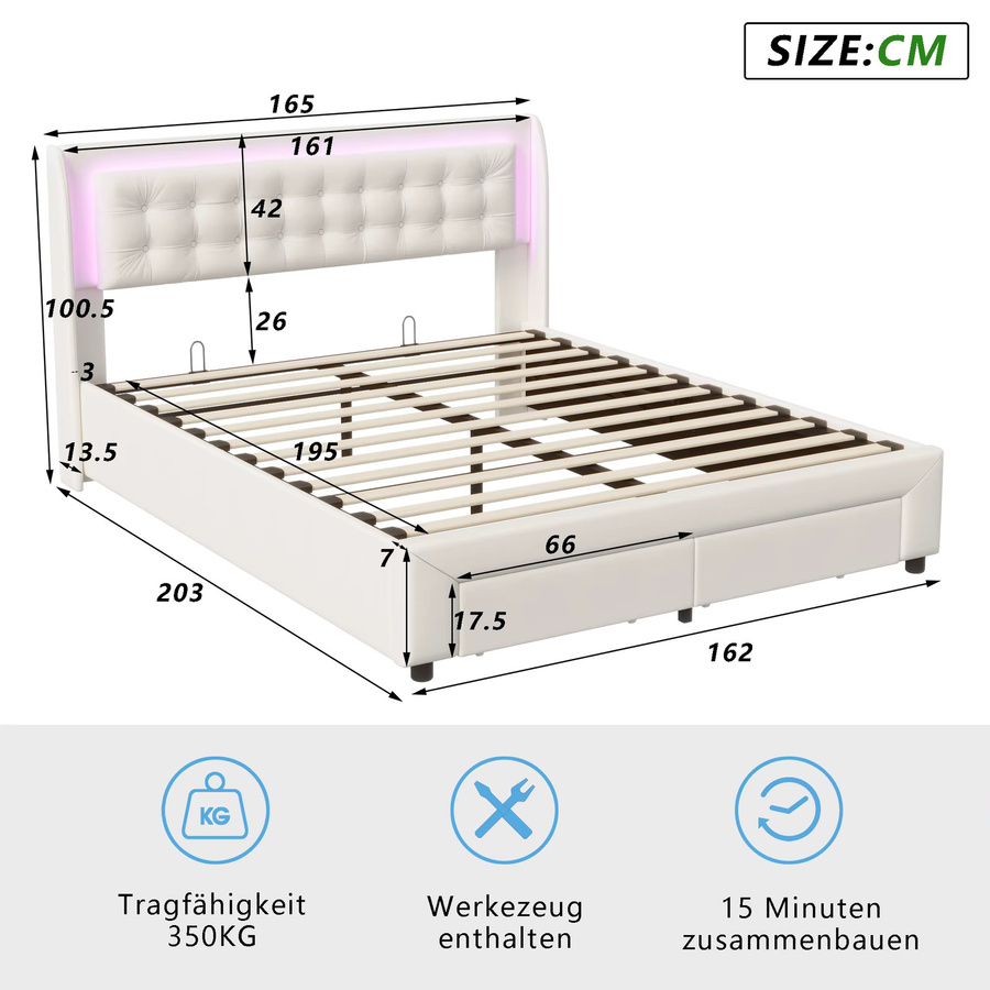 Polsterbett mit LED und Stauraum in Rosa, Doppelbett aus Samt mit Schubladen und hydraulischem Bettkasten, B/T: 140 x 190 cm - Bild 2