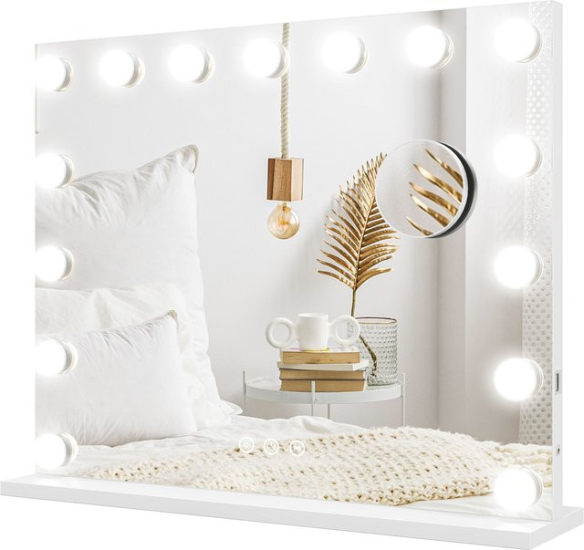 HOMCOM Hollywood Schminkspiegel mit LED-Beleuchtung in Weiß, B: 58 cm, H: 48 cm, mit 3 Lichtmodi, 10X Vergrößerung, Touchschalter und USB-Ladeanschluss - Bild 1