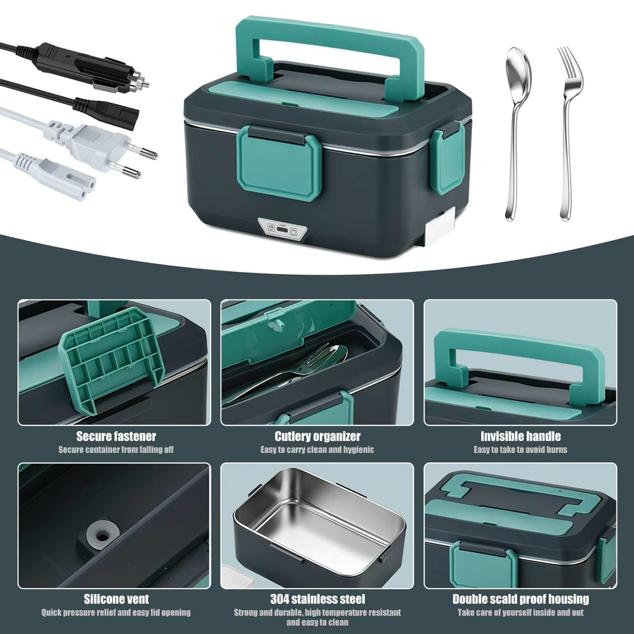Tragbare elektrische Lunchbox aus Edelstahl mit 90 W Heizleistung und abnehmbarer Wärmeschale, 2,5 l, Silber - Bild 4