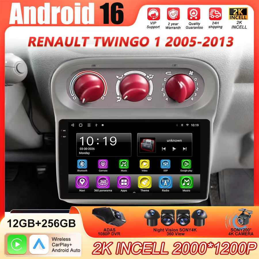 Forefeel Android 16 Autoradio mit Carplay, GPS und WLAN für Renault Twingo 1 (2005-2013), Video-Navigation und 2K Display in Schwarz - Bild 2