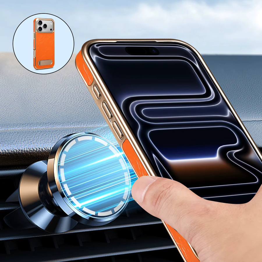 Denior Leder Handyhülle mit magnetischer kabelloser Ladung und versteckter Halterung für iPhone 17 16 15 14 13 Pro Max Plus Air in Blau - Bild 4
