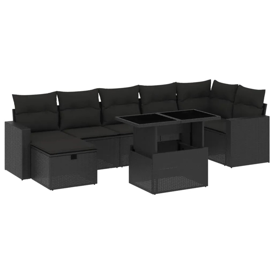 vidaXL 8-tlg. Garten-Sofagarnitur in L-Form mit Kissen und Ottoman, Schwarz, Poly-Rattan mit Metallgestell - Bild 2