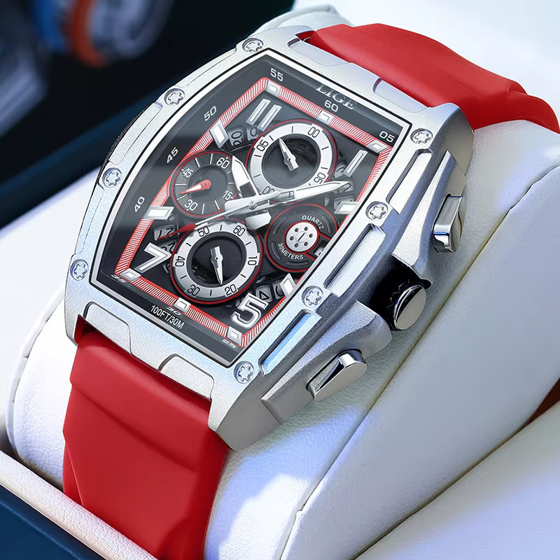 LIGE Armbanduhr Chronograph, Quarz, eckig, Silikon, Schwarz, Herren - Bild 4