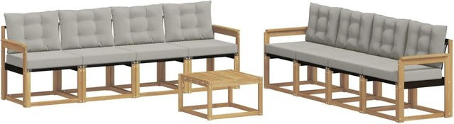 vidaXL Outdoor-Sofagarnitur 9-tlg. aus Akazienholz mit Textilene und Kissen in Weiß-Hellgrau - Bild 1