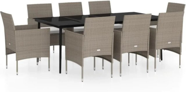 vidaXL 9-teilige Garten-Essgruppe aus PE-Rattan und pulverbeschichtetem Stahl mit Glasplatte und Kissen in Beige und Schwarz - Bild 1