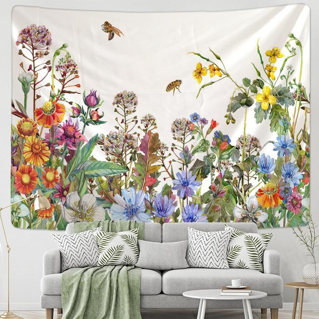 Binchi Outdoor Equipment Wandteppich mit Blumen und Bienen im Boho-Stil, Mehrfarbig, B/H: 200 x 150 cm - Bild 1