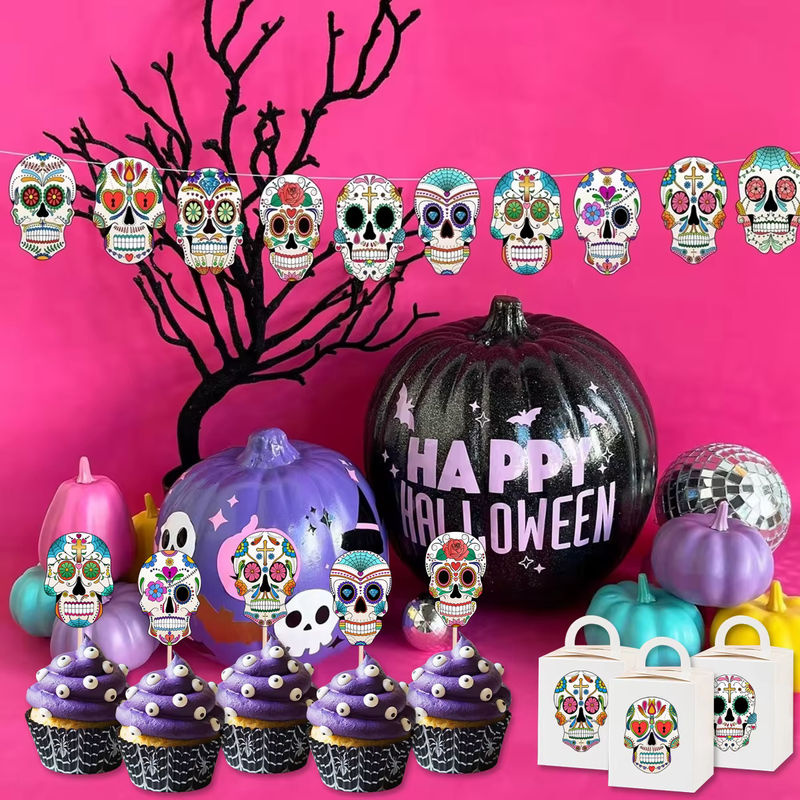 Buntes Halloween Schädel Banner aus Papier als hängende Dekoration und Kuchen Topper für deine Party - Bild 6