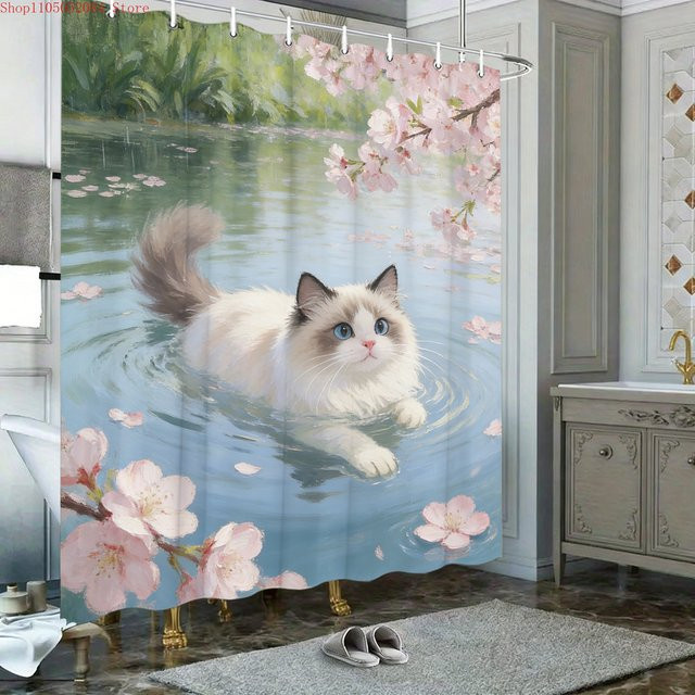 Wasserdichter Duschvorhang von BEAST KINGDOM mit Ragdoll-Katze, Teich und Kirschblüten in Mehrfarbig, aus Polyester, B/H: 180 x 180 cm - Bild 1