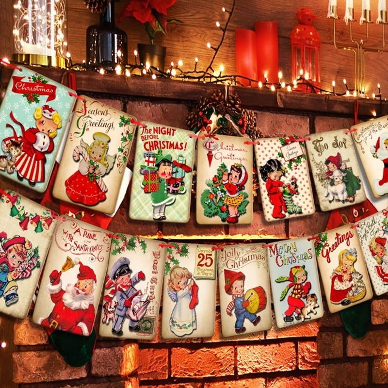 15er Set Vintage Weihnachten Banner Girlande aus Papier in Mehrfarbig für deine Weihnachtsdekoration - Bild 1