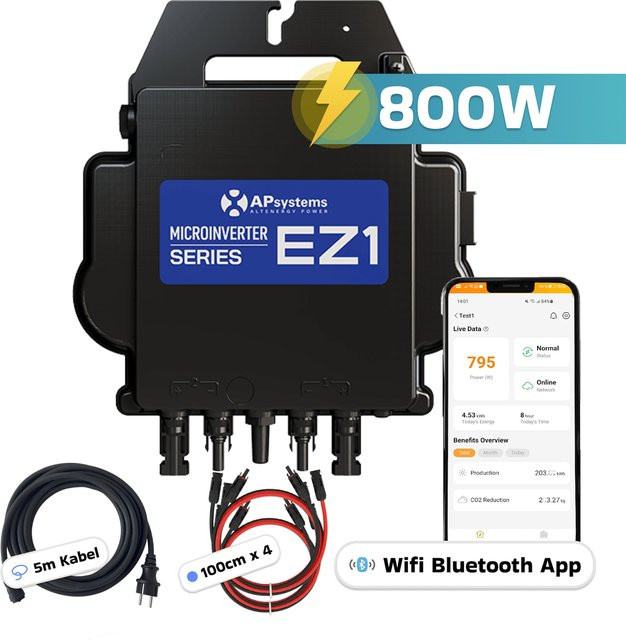 AP Systems Mikro-Wechselrichter EZ1-M-EU 800 W in Schwarz für Balkonkraftwerke mit 2 MPPT, Bluetooth & WIFI und IP67 Wetterfestigkeit - Bild 1
