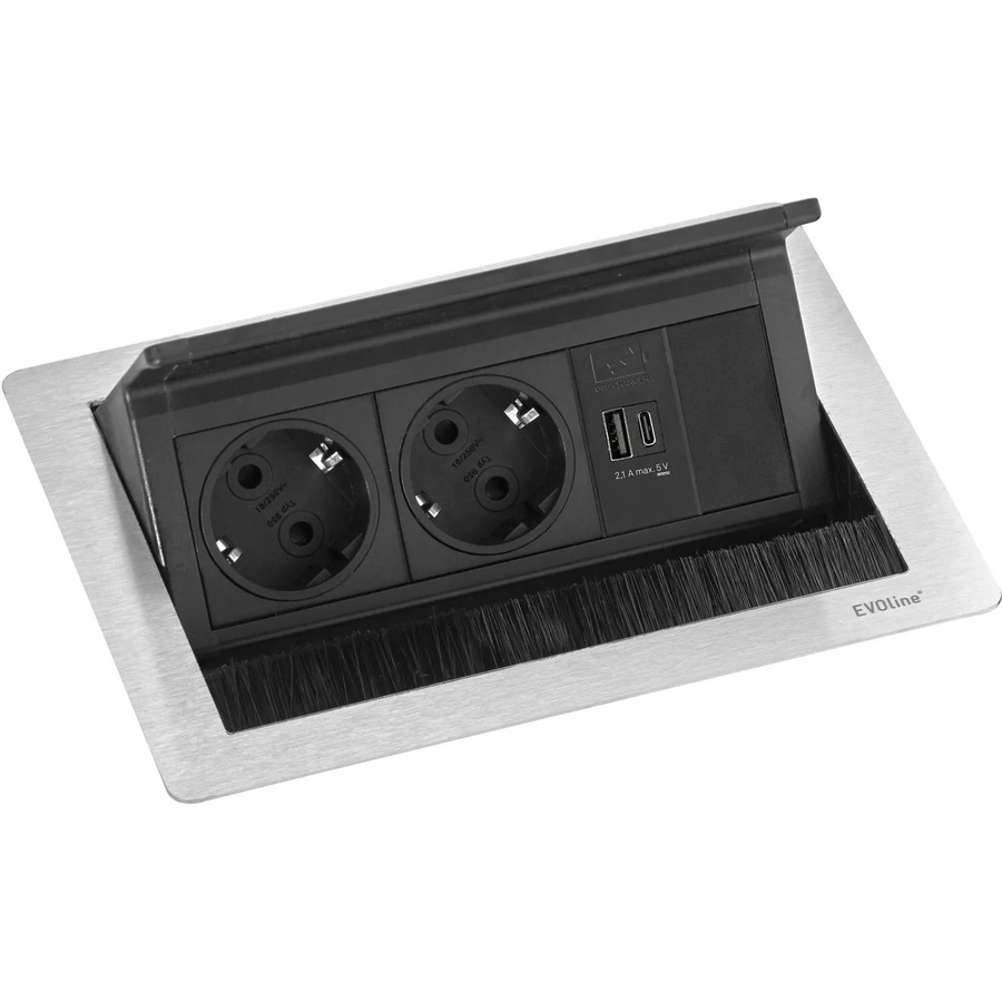 EVOline Flip Top Push S Einbausteckdose 2-fach mit USB-A und USB-C in Edelstahl Silver - Bild 2