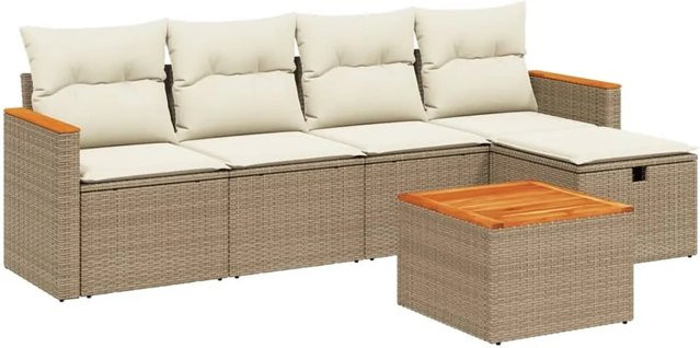 vidaXL 6-tlg Garten-Sofagarnitur aus Poly Rattan in L-Form mit Kissen und Tisch, Beige - Bild 1