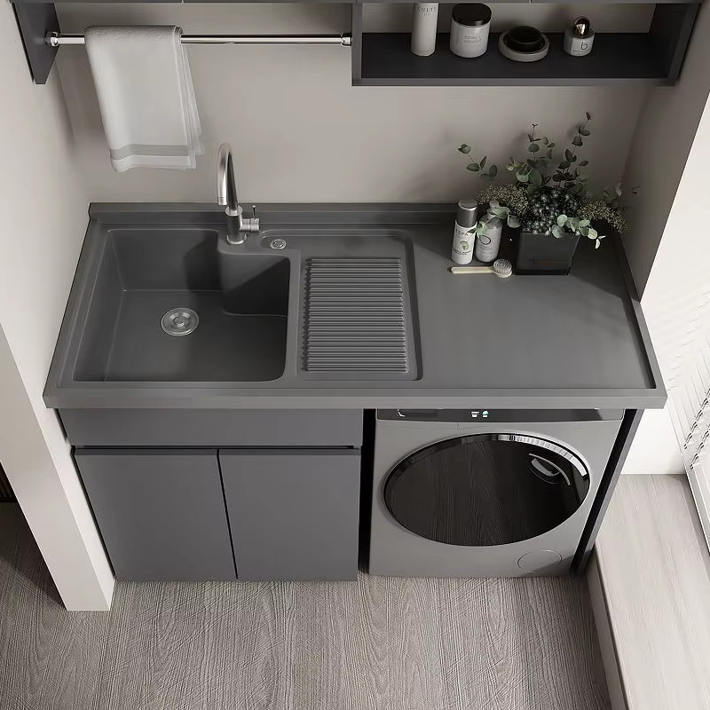 Moderner Waschmaschinen-Schrank mit integriertem Waschbecken aus Aluminium in Grau Matt für Balkon und Badezimmer - Bild 1